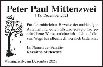 Traueranzeige von Peter Paul Mittenzwei  von Magdeburger Volksstimme