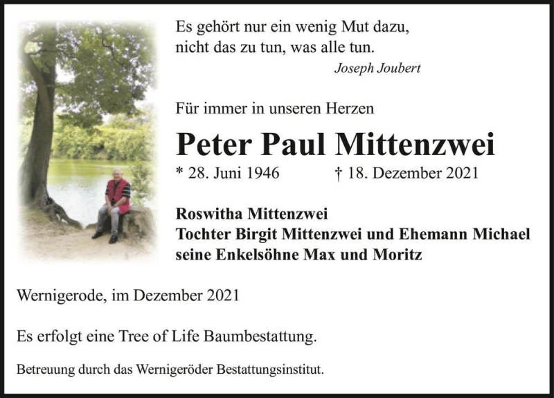 Traueranzeige für Peter Paul Mittenzwei  vom 22.12.2021 aus Magdeburger Volksstimme