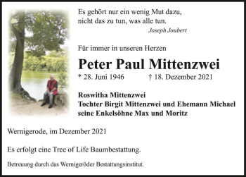 Traueranzeige von Peter Paul Mittenzwei  von Magdeburger Volksstimme