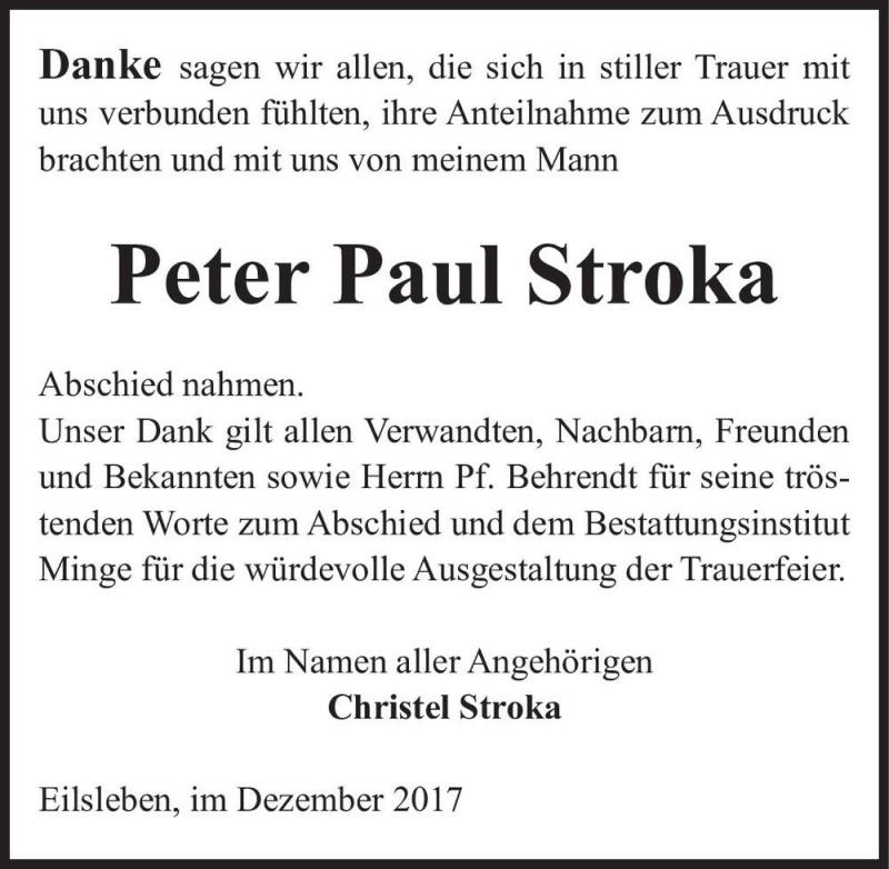  Traueranzeige für Peter Paul Stroka  vom 21.12.2017 aus Magdeburger Volksstimme