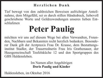 Traueranzeige von Peter Paulig  von Magdeburger Volksstimme