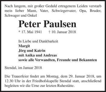 Traueranzeige von Peter Paulsen  von Magdeburger Volksstimme