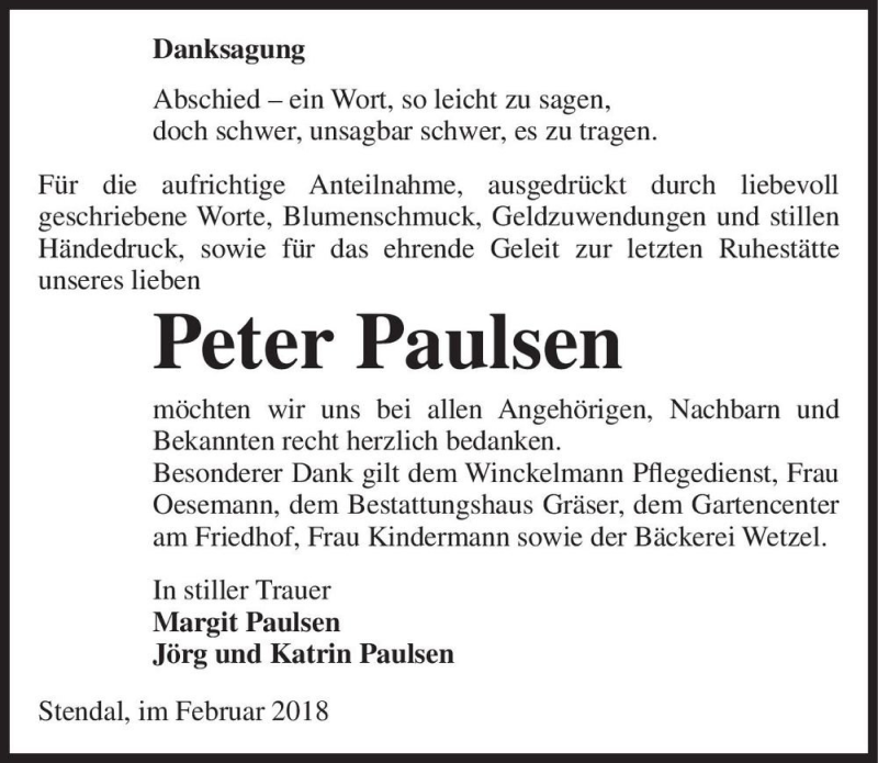  Traueranzeige für Peter Paulsen  vom 10.02.2018 aus Magdeburger Volksstimme