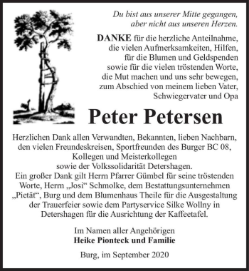 Traueranzeige von Peter Petersen  von Magdeburger Volksstimme