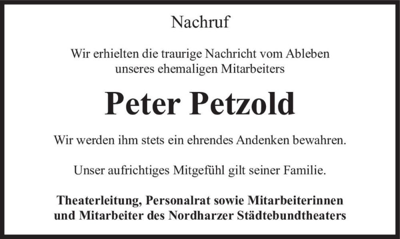 Traueranzeige für Peter Petzold  vom 31.07.2021 aus Magdeburger Volksstimme