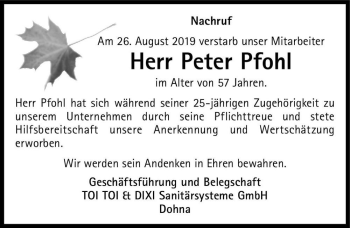 Traueranzeige von Peter Pfohl  von Magdeburger Volksstimme