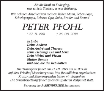 Traueranzeige von Peter Pfohl  von Magdeburger Volksstimme