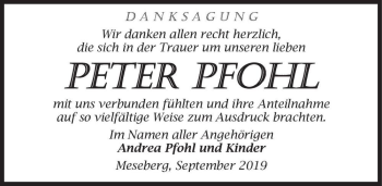 Traueranzeige von Peter Pfohl  von Magdeburger Volksstimme