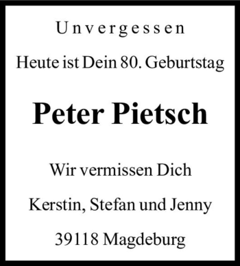 Traueranzeige von Peter Pietsch  von Magdeburger Volksstimme