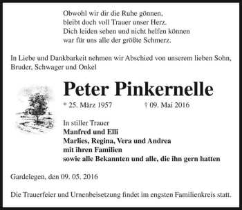 Traueranzeige von Peter Pinkernelle  von Magdeburger Volksstimme