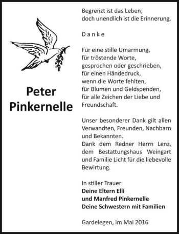 Traueranzeige von Peter Pinkernelle  von Magdeburger Volksstimme