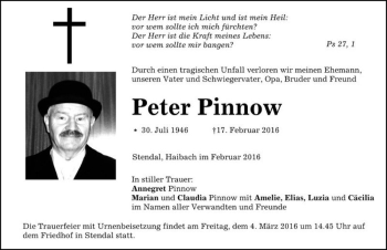 Traueranzeige von Peter Pinnow  von Magdeburger Volksstimme