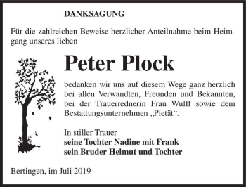 Traueranzeige von Peter Plock  von Magdeburger Volksstimme