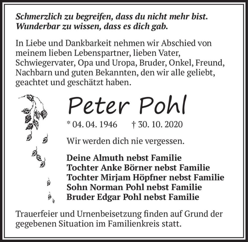  Traueranzeige für Peter Pohl  vom 07.11.2020 aus Magdeburger Volksstimme