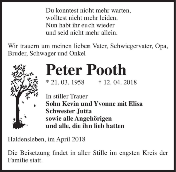Traueranzeige von Peter Pooth  von Magdeburger Volksstimme