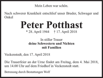 Traueranzeige von Peter Potthast  von Magdeburger Volksstimme