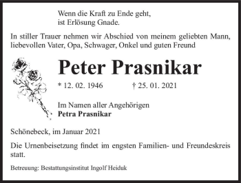 Traueranzeige von Peter Prasnikar  von Magdeburger Volksstimme