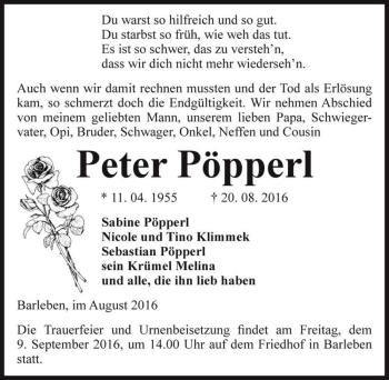 Traueranzeige von Peter Pöpperl  von Magdeburger Volksstimme