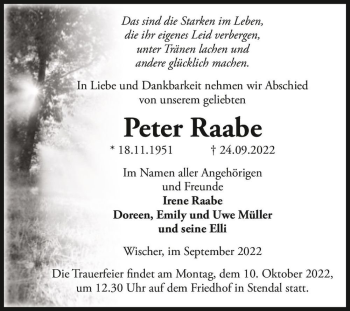 Traueranzeige von Peter Raabe  von Magdeburger Volksstimme