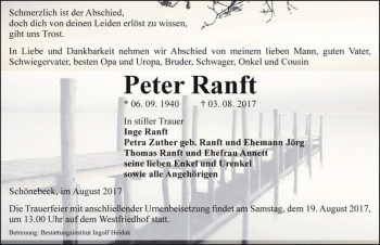 Traueranzeige von Peter Ranft  von Magdeburger Volksstimme
