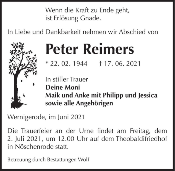 Traueranzeige von Peter Reimers  von Magdeburger Volksstimme