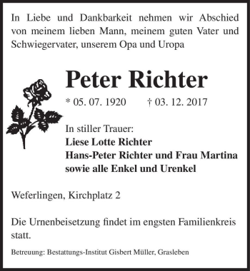 Traueranzeige von Peter Richter  von Magdeburger Volksstimme