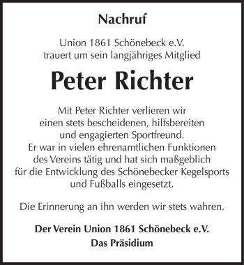 Traueranzeige von Peter Richter  von Magdeburger Volksstimme