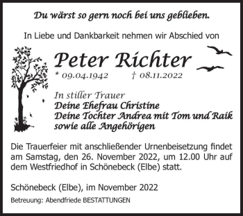 Traueranzeige von Peter Richter  von Magdeburger Volksstimme