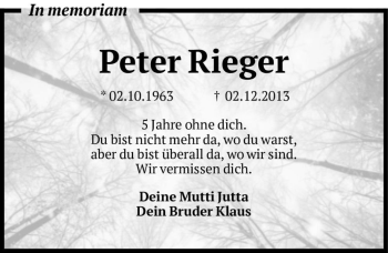Traueranzeige von Peter Rieger  von Magdeburger Volksstimme