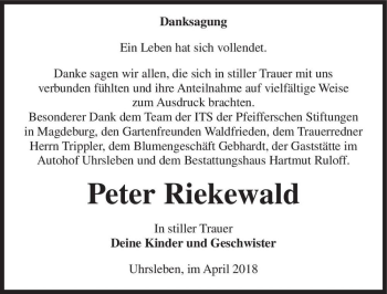 Traueranzeige von Peter Riekewald  von Magdeburger Volksstimme