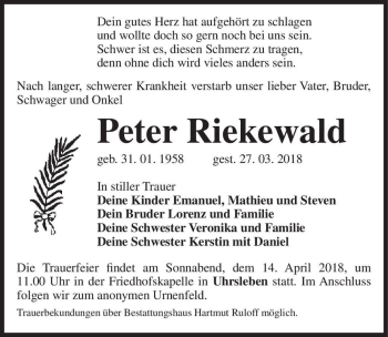 Traueranzeige von Peter Riekewald  von Magdeburger Volksstimme