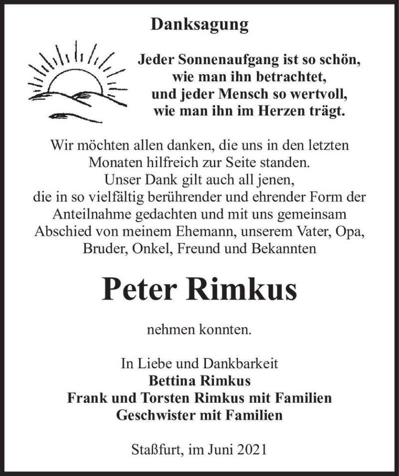  Traueranzeige für Peter Rimkus  vom 10.07.2021 aus Magdeburger Volksstimme