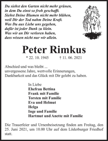 Traueranzeige von Peter Rimkus  von Magdeburger Volksstimme