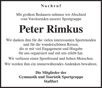 Traueranzeige von Peter Rimkus  von Magdeburger Volksstimme