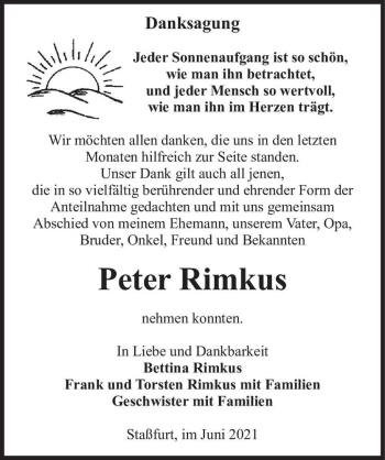 Traueranzeige von Peter Rimkus  von Magdeburger Volksstimme