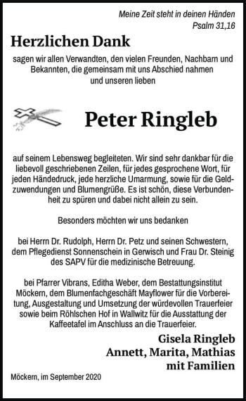 Traueranzeige von Peter Ringleb  von Magdeburger Volksstimme