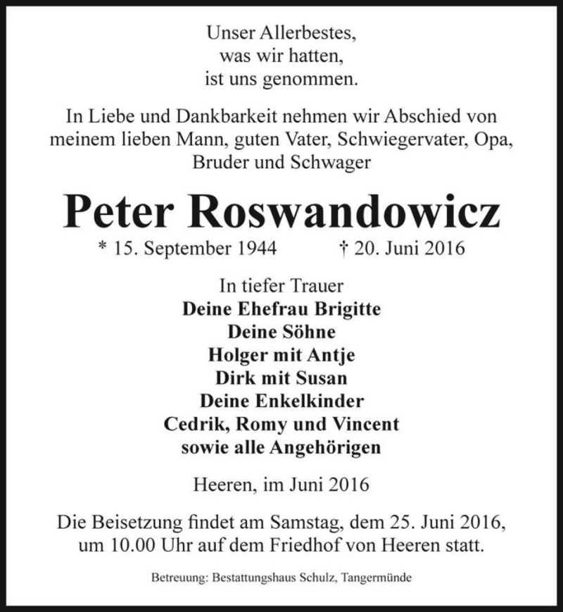  Traueranzeige für Peter Roswandowicz  vom 23.06.2016 aus Magdeburger Volksstimme