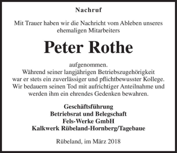 Traueranzeige von Peter Rothe  von Magdeburger Volksstimme