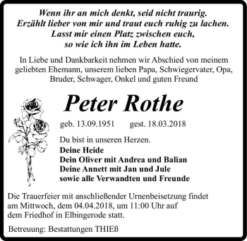 Traueranzeige von Peter Rothe  von Magdeburger Volksstimme