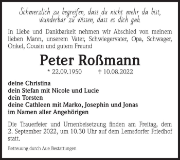 Traueranzeige von Peter Roßmann  von Magdeburger Volksstimme