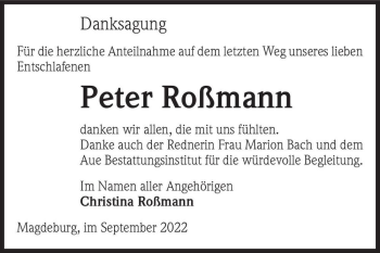 Traueranzeige von Peter Roßmann  von Magdeburger Volksstimme