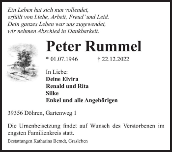 Traueranzeige von Peter Rummel  von Magdeburger Volksstimme