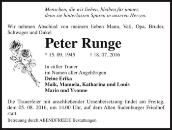 Traueranzeige von Peter Runge  von Magdeburger Volksstimme