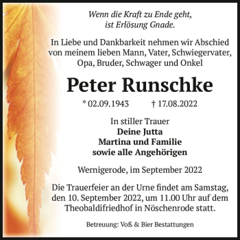 Traueranzeige von Peter Runschke  von Magdeburger Volksstimme