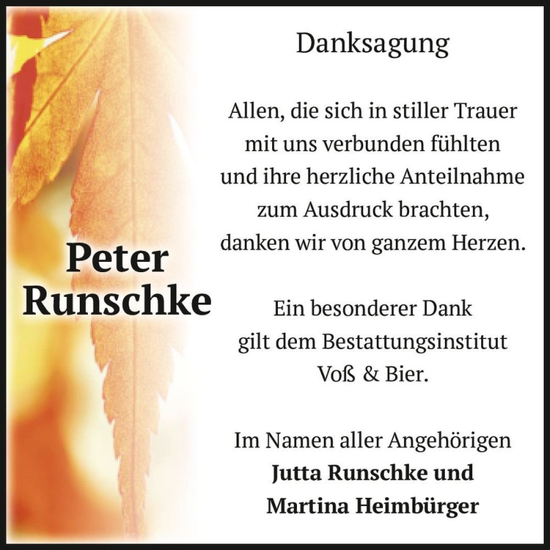  Traueranzeige für Peter Runschke  vom 08.10.2022 aus Magdeburger Volksstimme