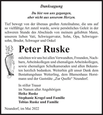 Traueranzeige von Peter Ruske  von Magdeburger Volksstimme
