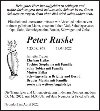 Traueranzeige von Peter Ruske  von Magdeburger Volksstimme