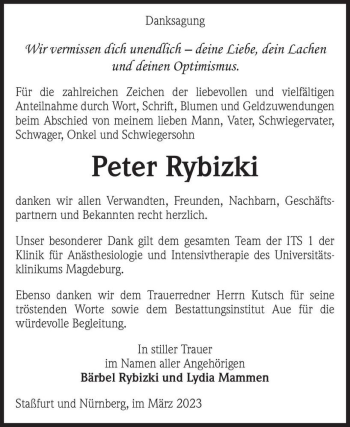 Traueranzeige von Peter Rybizki  von Magdeburger Volksstimme
