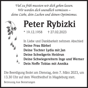 Traueranzeige von Peter Rybizki  von Magdeburger Volksstimme