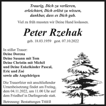 Traueranzeige von Peter Rzehak  von Magdeburger Volksstimme